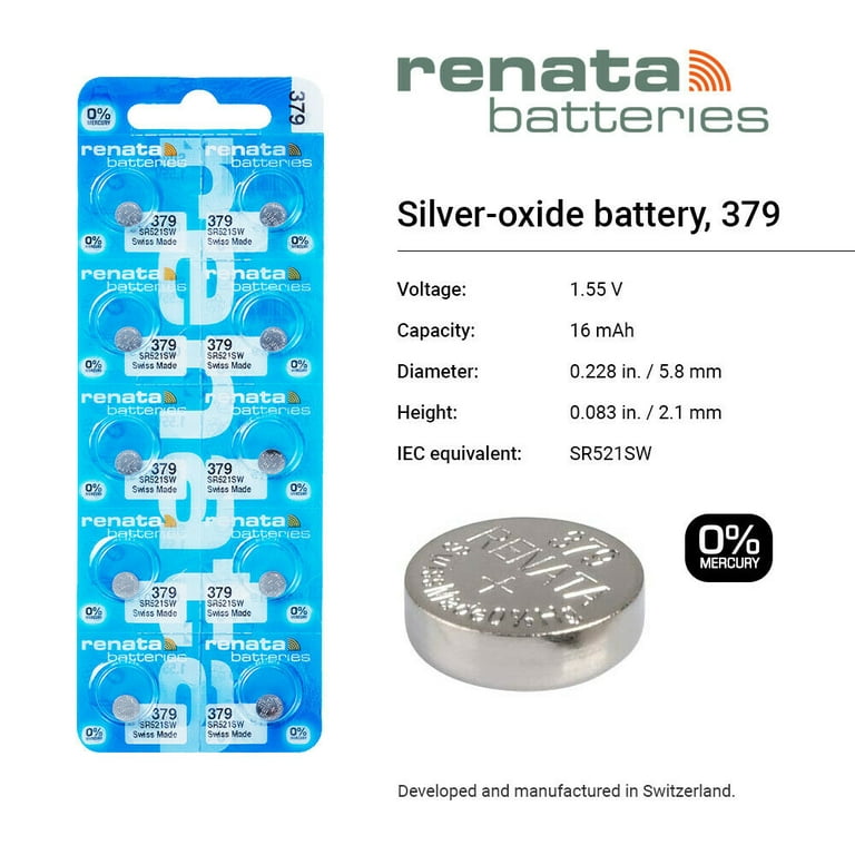 Renata 379 SR521SW Pile bouton à oxyde d'argent pour montre 1,55 V