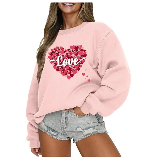 Gibobby Sudadera sin capucha y ocio Sudadera del día de San Valentín Camisas de corazón de amor para mujer de San Valentín Tops de manga larga (3)(Rosa, XL)
