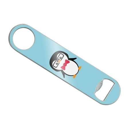 Glasses With Bow Cartoon Penguin with Bow Tie and Glasses Stainless Steel Vinyl Covered Flat Bartender Speed Bar Bottle Opener ()