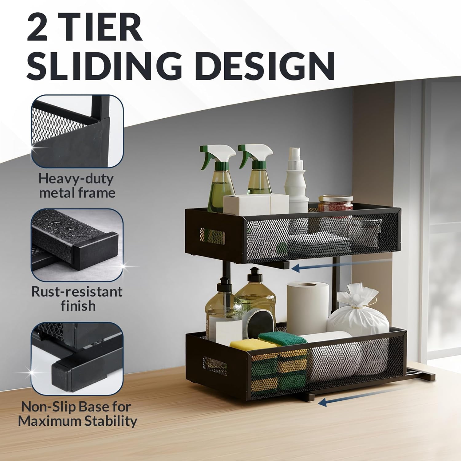 Heavy Duty Matte Black Metal Under Sink Organizer Set of 2 with Retractable Shelves, Adjustable Height, Expandable Storage for Kitchen Bathroom and Laundry Room