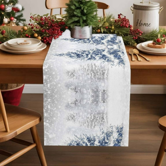 Table Runner 13x70in Inches Long, Winter Christmas Blue TreeLinen Washable Dresser Scarf Snowy Season SnowflakesKitchen Dinning Tablerunners for Holiday/Party/Wedding/Home Tables Decor
