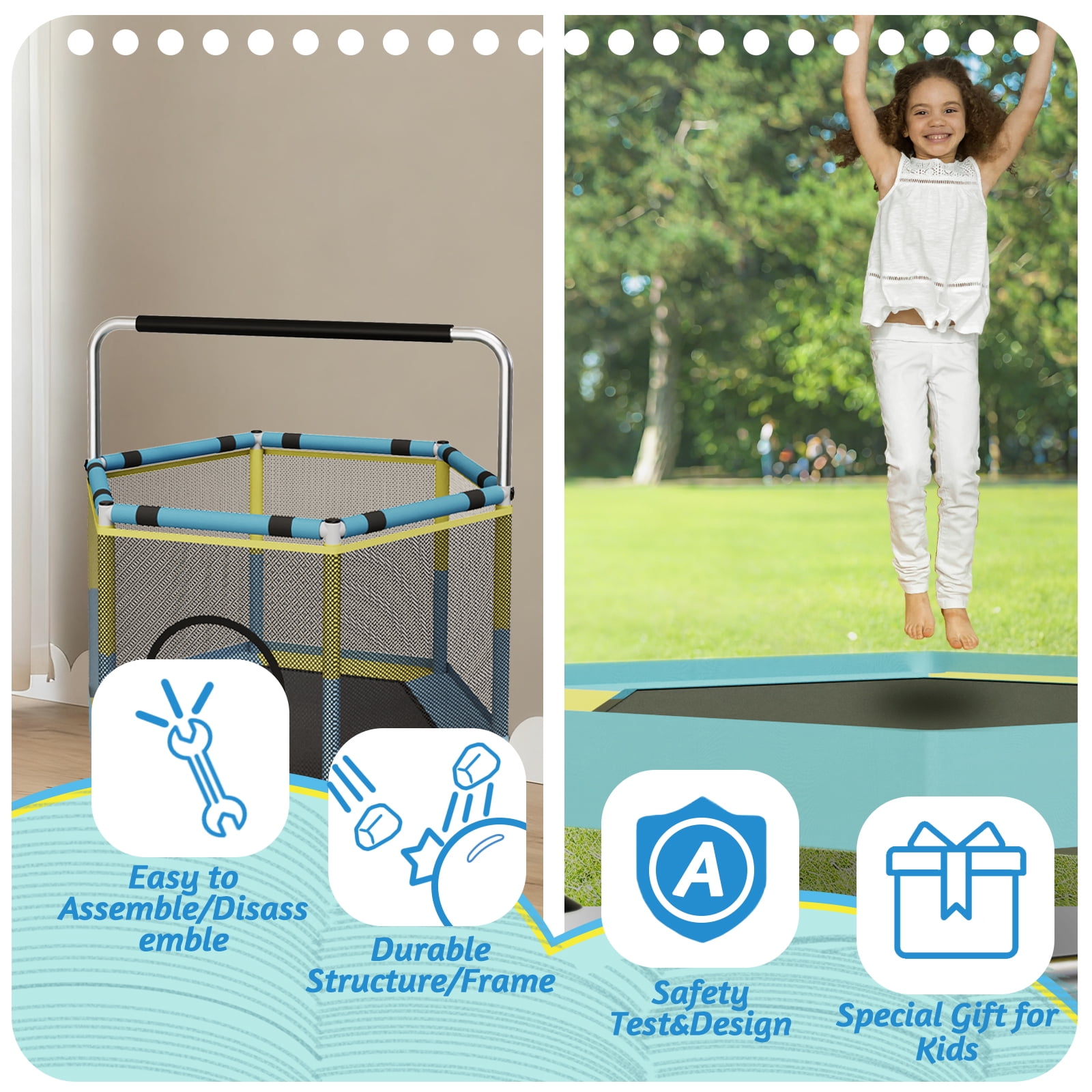 62" Trampoline for Kids with Enclosure, Indoor & Outdoor Toddler Trampoline with Adjustable Gymnastics Bar & Toys, for Boys & Girls, 440lbs, Yellow&Green