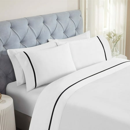 Superior Riverton Embroidered Cotton Bed Sheet Set, Twin XL, White/Black