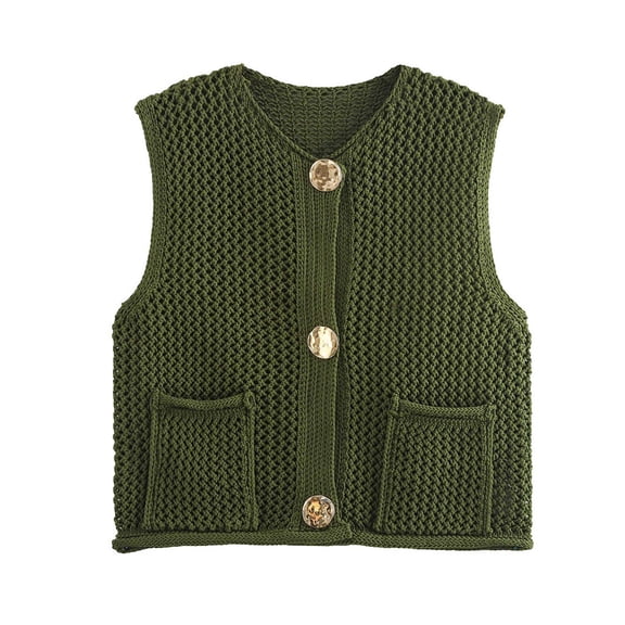 MaFYtyTPR Women Knit Sweater Vest Solid Open Knit Button Front Sleeveless Cardigan Sweaters for Fall Winter A-Army Green L