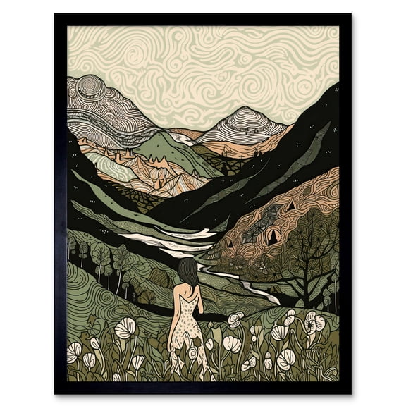 Woman in Flower Field in Scottish Hill Landscape Art Print Framed Poster Wall Decor 12x16 inch
