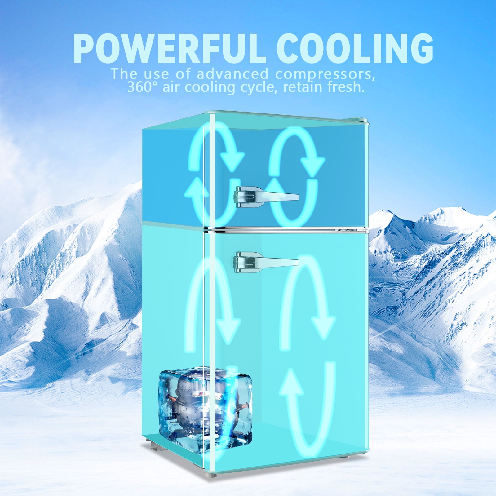 TACOOL Small Refrigerator with Freezer Retro Mini Fridge with Removable Shelves LED Light for Apartment 3.4Cu.Ft Blue