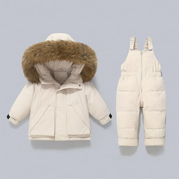 Conjunto de dos piezas de chaqueta y pantalón de esquí para niños, de invierno, grueso, impermeable, resistente al viento y cálido, con capucha y manga larga, con tirantes, de poliéster