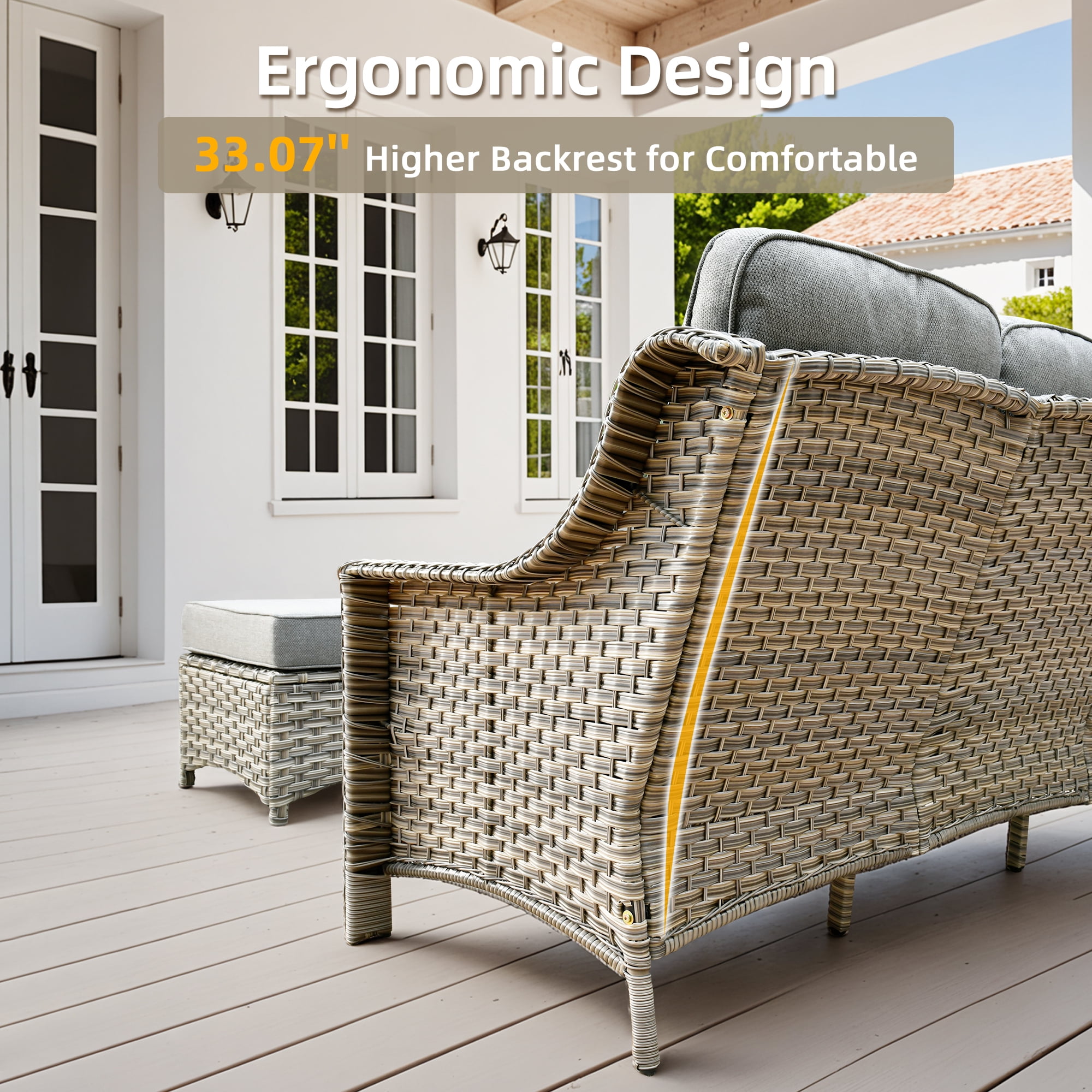 Ovios 5 Pieces Outdoor Patio Furniture Set High-Back Rattan Wicker Conversation Set Outdoor Sectional with Swivel Chairs & Solar Light Coffee Table, Dark Grey