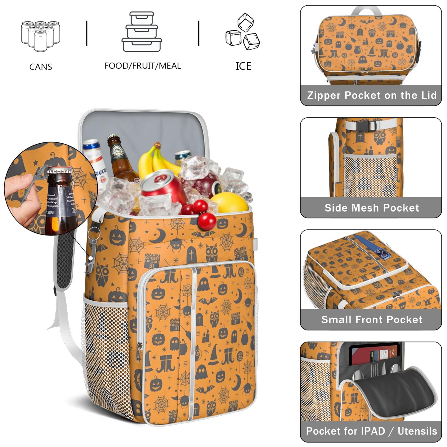 Travel Cooler Bag - Halloween Minimalist Icons Pattern Camping Beer Cooler Backpack with Bottle Opener- Waterproof Insulated Picnic Backpacks - Cooler Bag for Beach