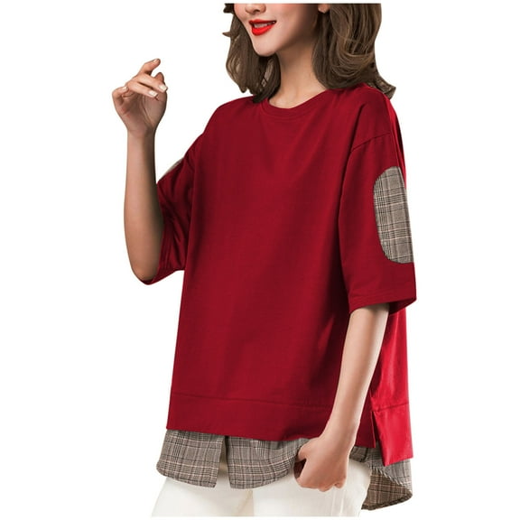 Oversized T Shirts for Women Crew Neck Short Sleeve Casual Tops Loose Fit Solid Color Soft Basic Blouses Tees (XL, Red)