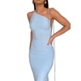 thumbnail image 3 of Women's Summer Bodycon Long Dress, Solid Color Slant Shoulder Drawstring Backless Ruched Detail Dress, 3 of 5