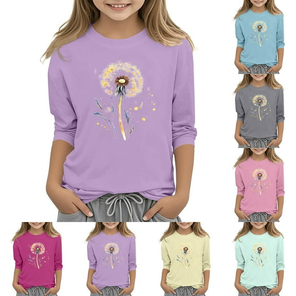 Drmagiyhm Light Blue Girls 3/4 Sleeve Shirts Size 10-12 Cute Floral Print Shirts Fashion Casual Crewneck Tshirts Fall Winter Tees 9-10 Years