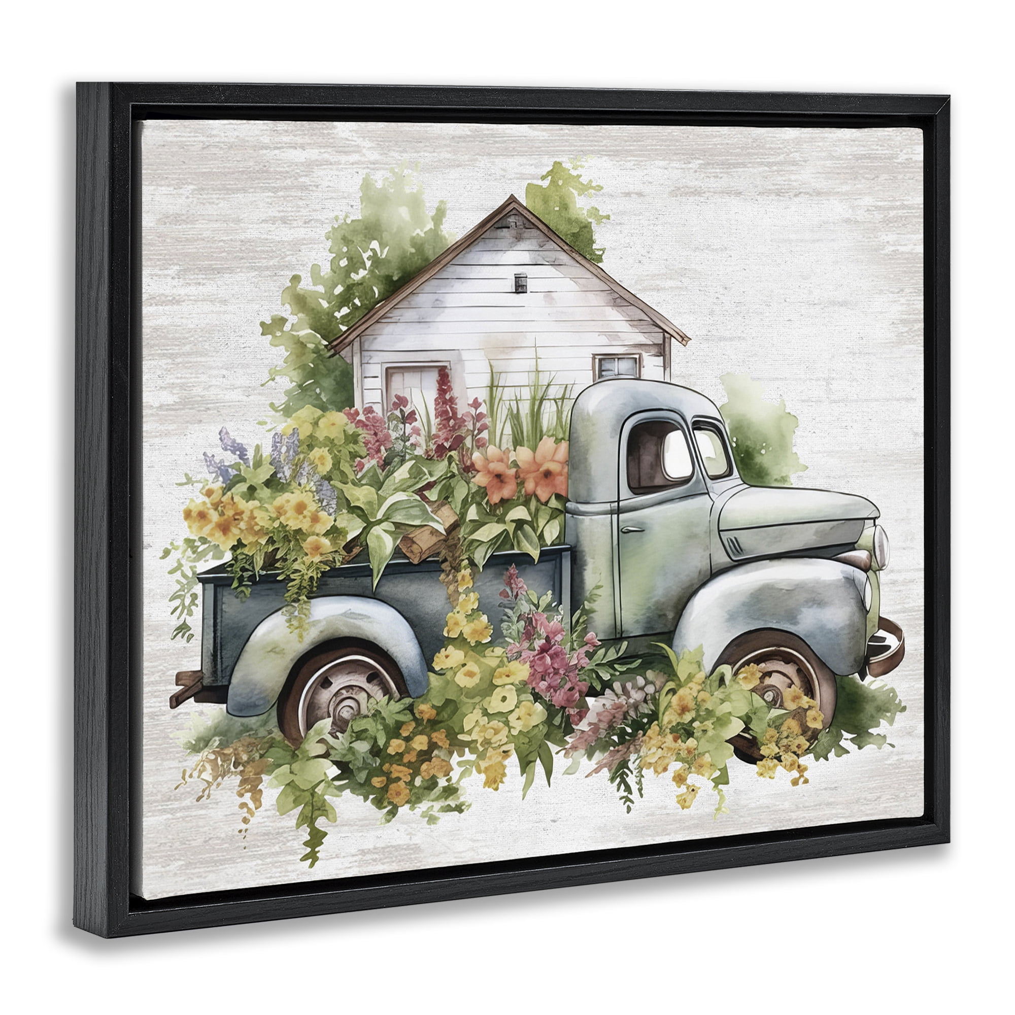 Stupell Industries Country Floral Truck Transportation Painting Black Floater Framed Canvas Art Print Wall Art, 21 x 17
