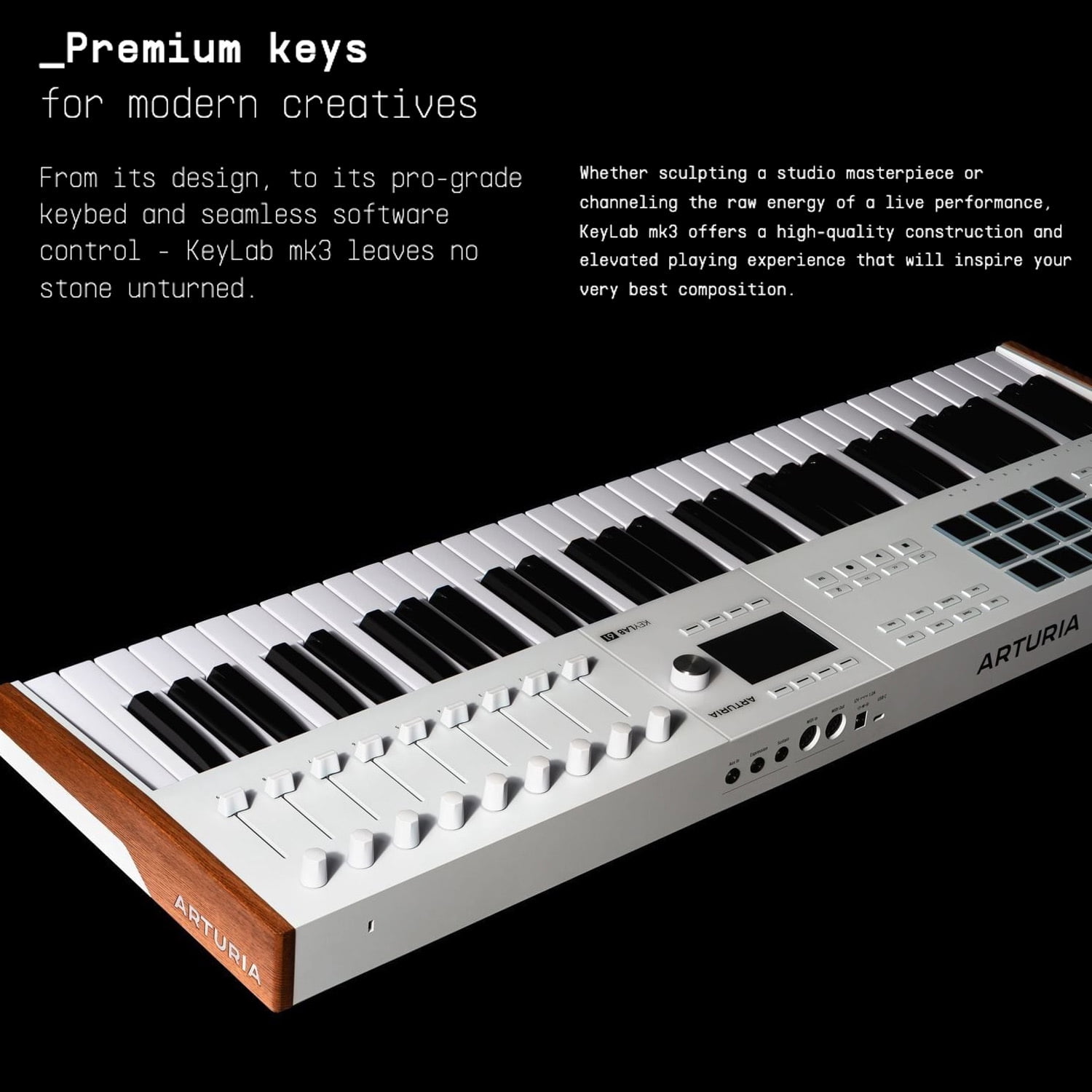 Arturia KeyLab Mk3 61 Keyboard MIDI Controller with DAW Integration and Enhanced Keybed (White) Bundle with Keyboard Piano Style Sustain Pedal, Keyboard Dust Cover, and 10 Feet MIDI Cable (4 Items)