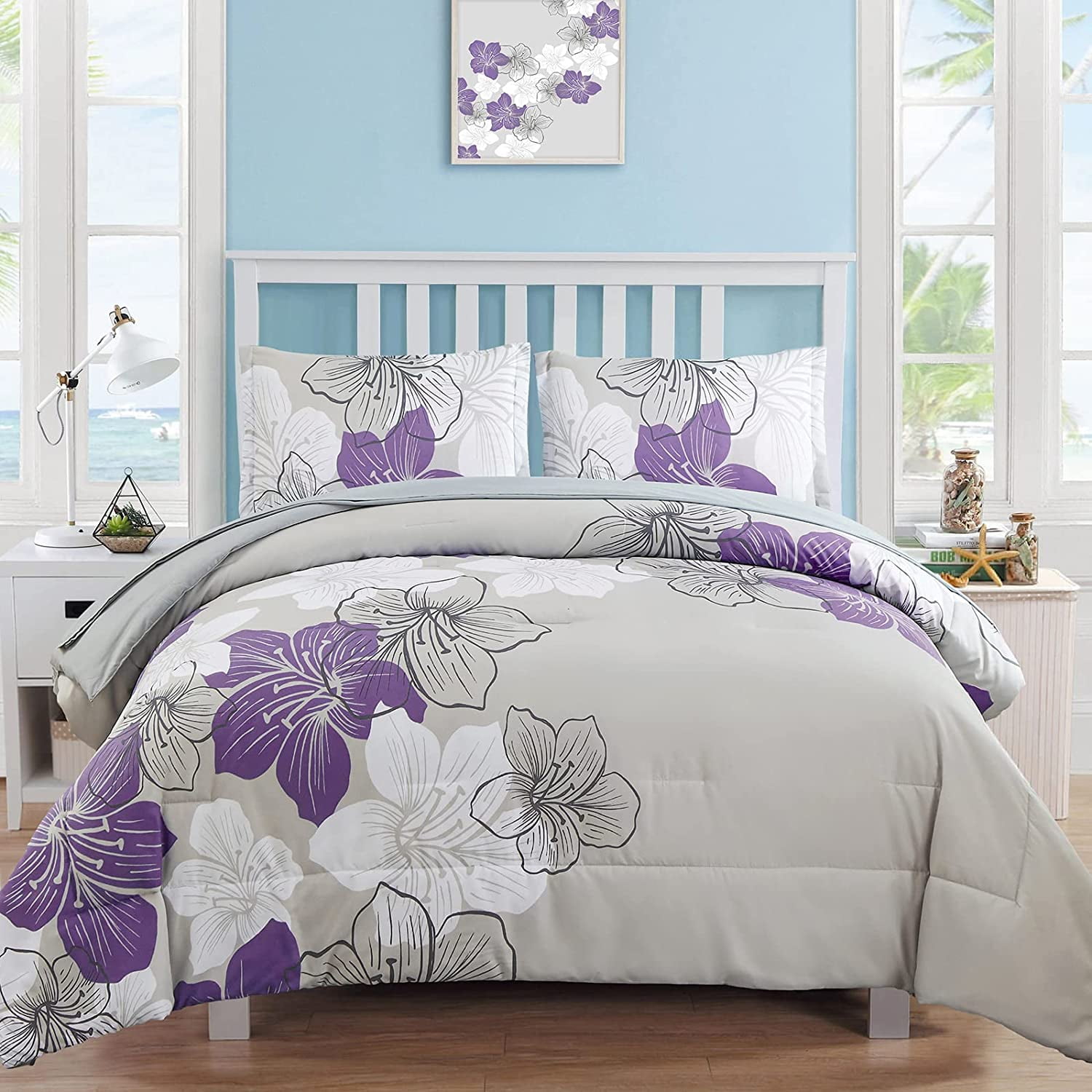 Elegant Purple Floral Comforter Set Queen Size, Luxurious Microfiber, 7
