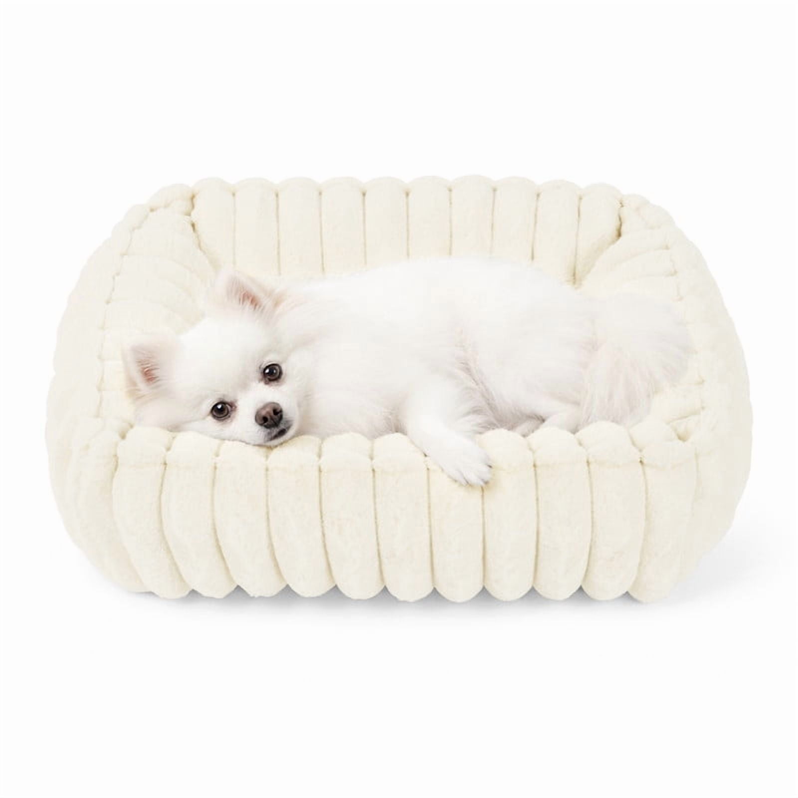Exclusivo Mezcla Ribbed Plush Cuddler Dog Bed, 20"x16" Calming Pet Bed with Non-Slip Bottom for Small Dogs, Ivory