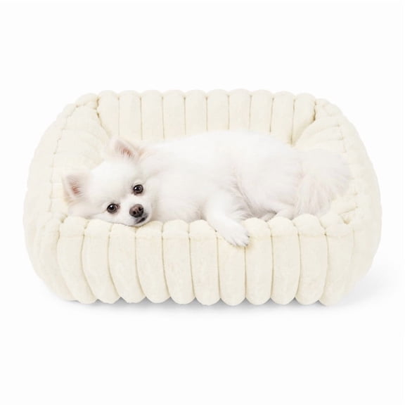 Exclusivo Mezcla Ribbed Plush Cuddler Dog Bed, 20"x16" Calming Pet Bed with Non-Slip Bottom for Small Dogs, Ivory