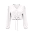 thumbnail image 7 of ClodeEU Women's V Neck Long Sleeve Button Down Bow Waist Crop Shirt Top, Casual Solid Color Blouse White,Women's Plus XL, 7 of 7