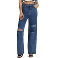 thumbnail image 2 of Women's Plus Size High Waist Ripped Wide-Leg Jeans - Loose Non-Stretchy Denim Pants, Dark Blue Size L, 2 of 6