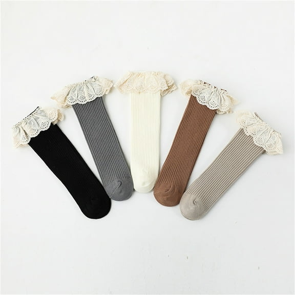 THDHVS Toddler Socks,Socks for Girls,Toddler Girls Mid Calf Socks Solid Color Soft with Wide Decorative Lace Ruffle Socks Add Sweet Touch To Any Outfits for Special Occasion Khaki M