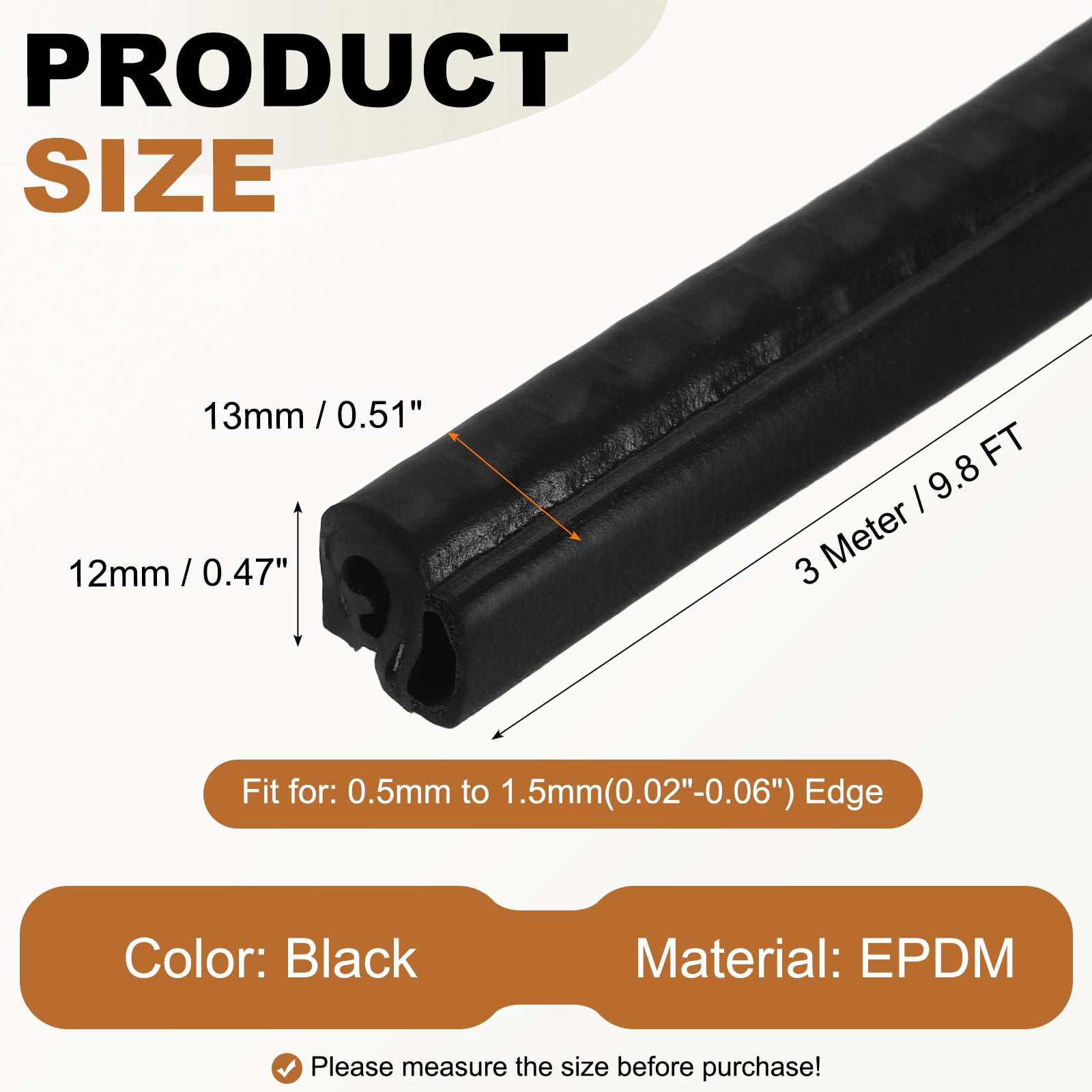 Door Weather Stripping 9.8FT, 13mm W x 12mm H EPDM Car Door Rubber Edge Trim Seal Strip Gasket with Side Bulb Fit 0.5mm to 1.5mm Edge for Electrical Cabinet Car Boat Truck, Black