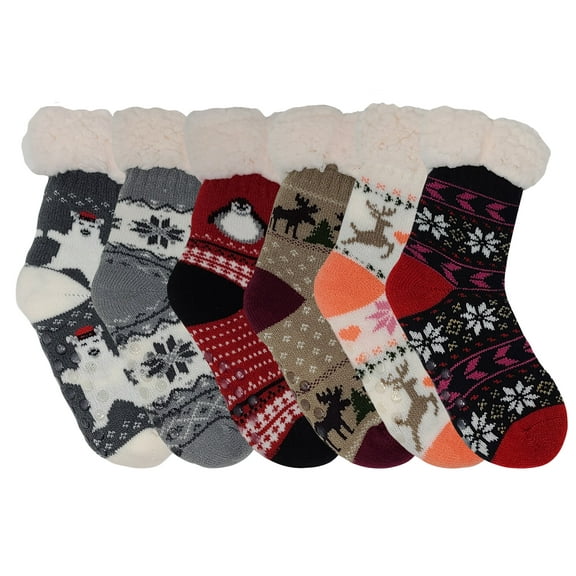 KIDS Boys Girls Sherpa Fleece Lined Home Non Slippers Socks Christmas Stocking with Gripper