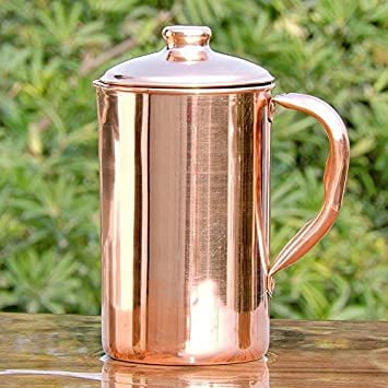 SAI DECORATIVE Pure Copper Plain Design Jug Pitcher with Lid, Storage & Serving Water, Beneficial for Health, Volume- 1000ML