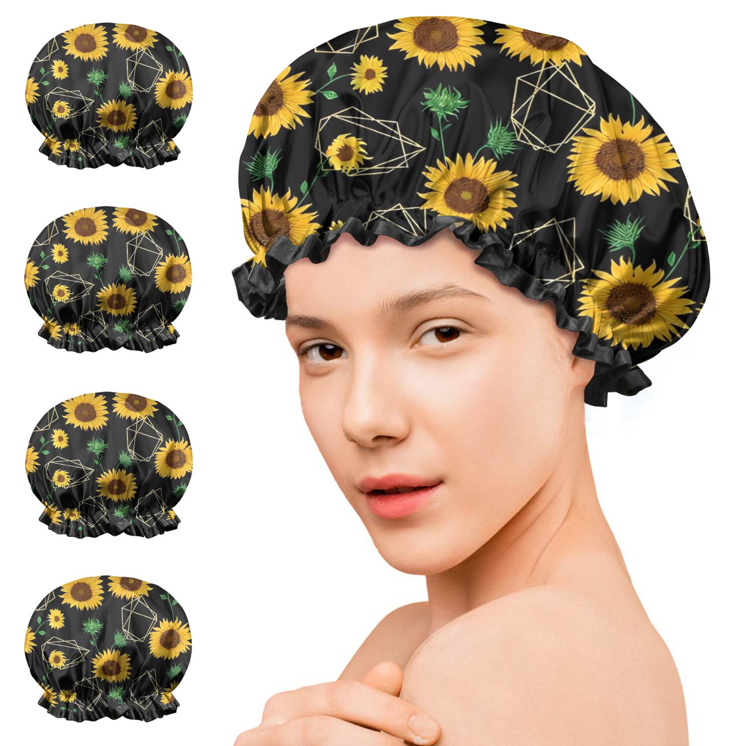 Shower Caps,Black Geometric Sunflower Pattern Waterproof Shower Cap for Women 4 Pieces,Double Reusable Hair Cover for Shower PEVA Elastic Stretch Hem