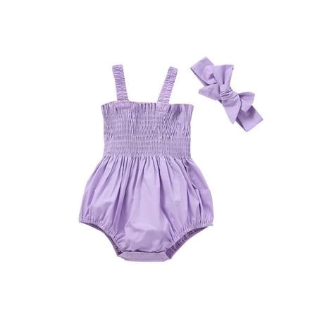 

allshope Baby Girls 2Pcs Summer Outfits Sleeveless Frill Smocked Strap Romper with Headband Set