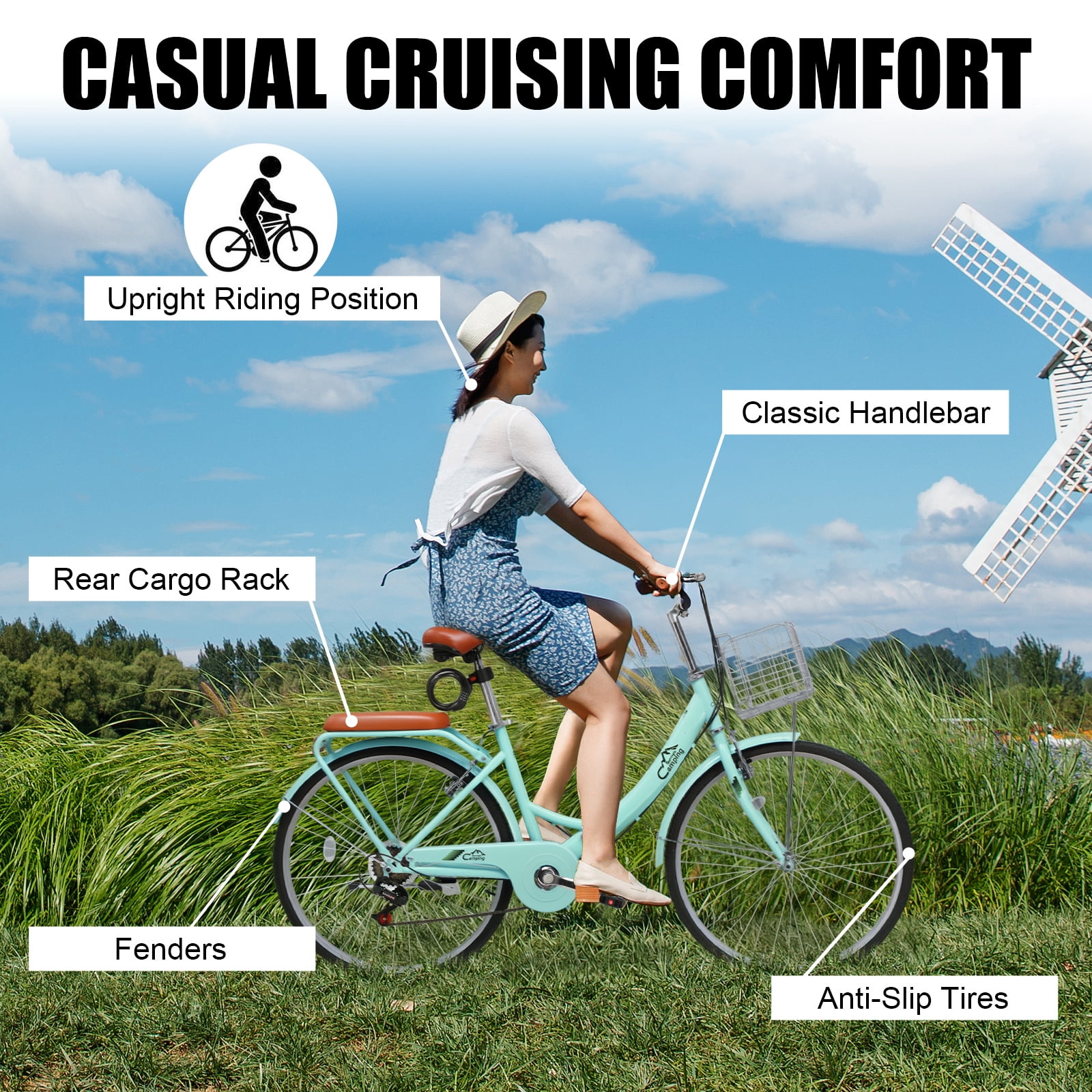 Ktaxon 24 Inch Folding Beach Cruiser Bike, 7 Speed Womens Bike