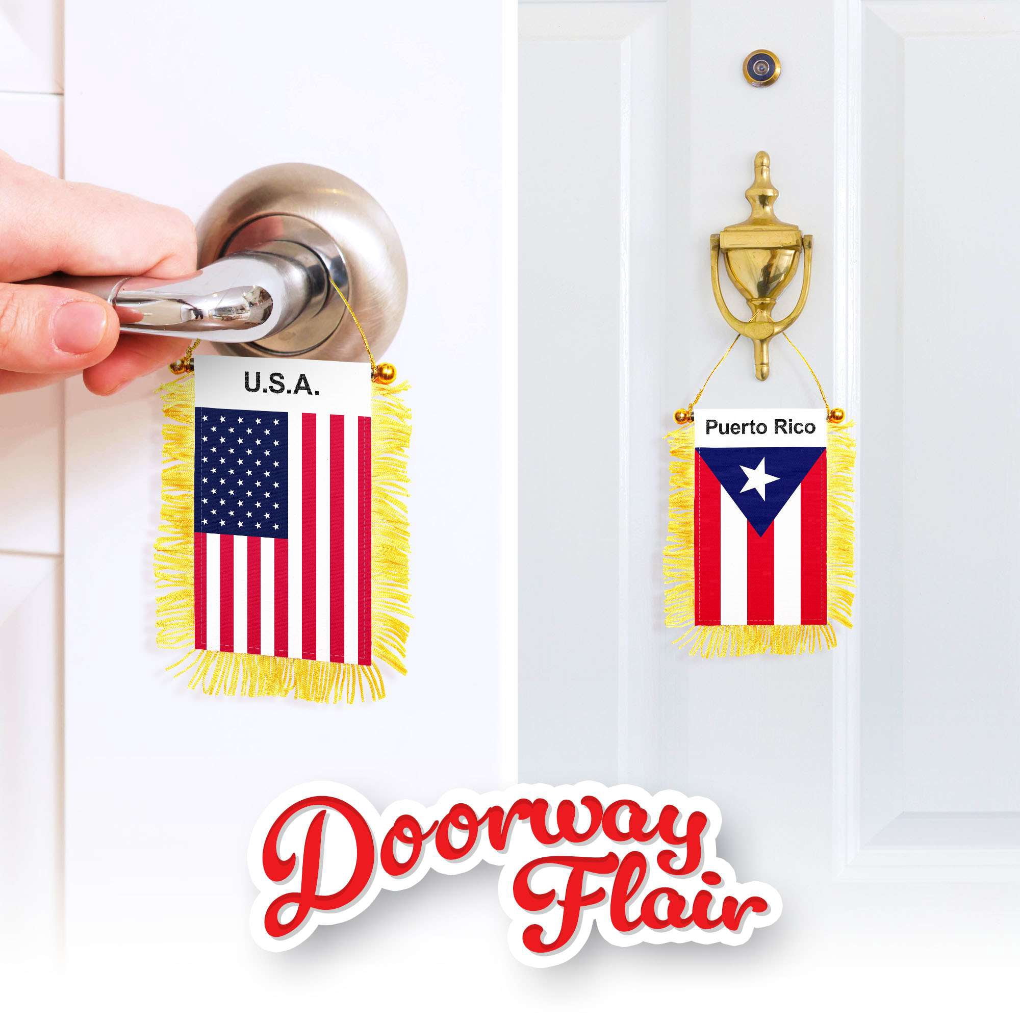 G128 Combo Pack: American USA & Puerto Rico Fringy Flag Double Sided 3x5 In | Both Fringy Hanging Flag with Suction Cup