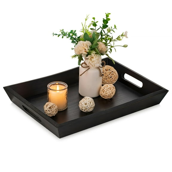 Hanobe Black Decorative Serving Tray with Handle， Farmhouse  Rectangle Wooden Coffee Table Tray