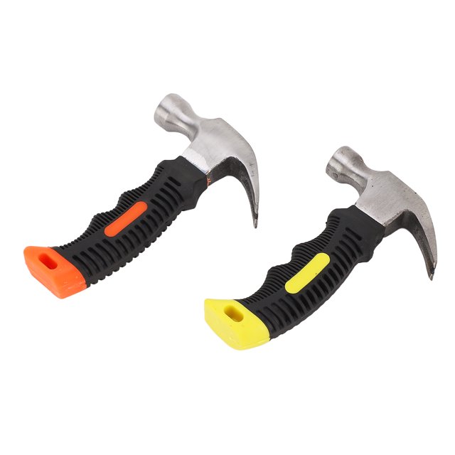 martillos para clavos, martillo de uña, 2 piezas, mini acero al carbono: dos martillos de garra con cabeza de acero al carbono y mango negro de TPR con remates naranja y amarillo, vista inclinada frontal que muestra la cara plana para martillar y la garra extractora; aptos para carpintería, bricolaje y mantenimiento doméstico, y suelen usarse también en proyectos de acampado por su tamaño compacto.