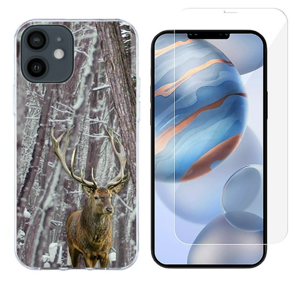 Slim-Fit Protective Phone Case compatible with iPhone 12 Mini, with Tempered Glass Screen Protector, by OneToughShield ® - Deer/Snow/Camo