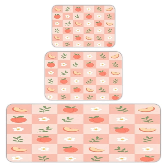 RKSupls Kitchen Rug Set 3 Piece Anti-Slip Flannel Floor Mats, Peach Slice Checkered Washable Absorbent Runner Mats for Kitchen Bathroom Home Decor