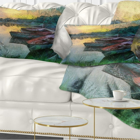 Designart Fishing Boats by River Watercolor - Landscape Printed Throw Pillow - 12x20