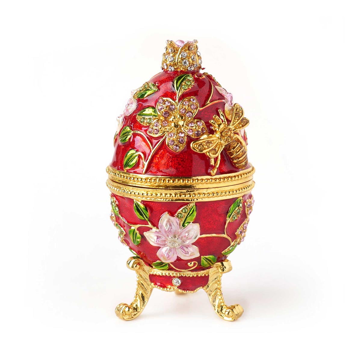Bee & Flowers Faberge Egg wi Rich Enamel & Sparkling Rhinestones Trinket Box 