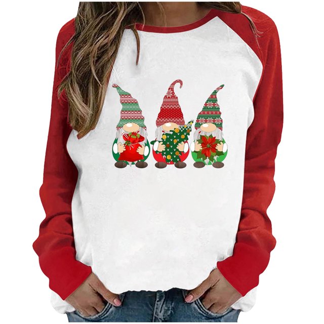 RKSTN Sweat-Shirt de Noël pour Femmes Patchwork Col Rond Imprimé Père Noël Manches Longues Confortable Blouse Régulière