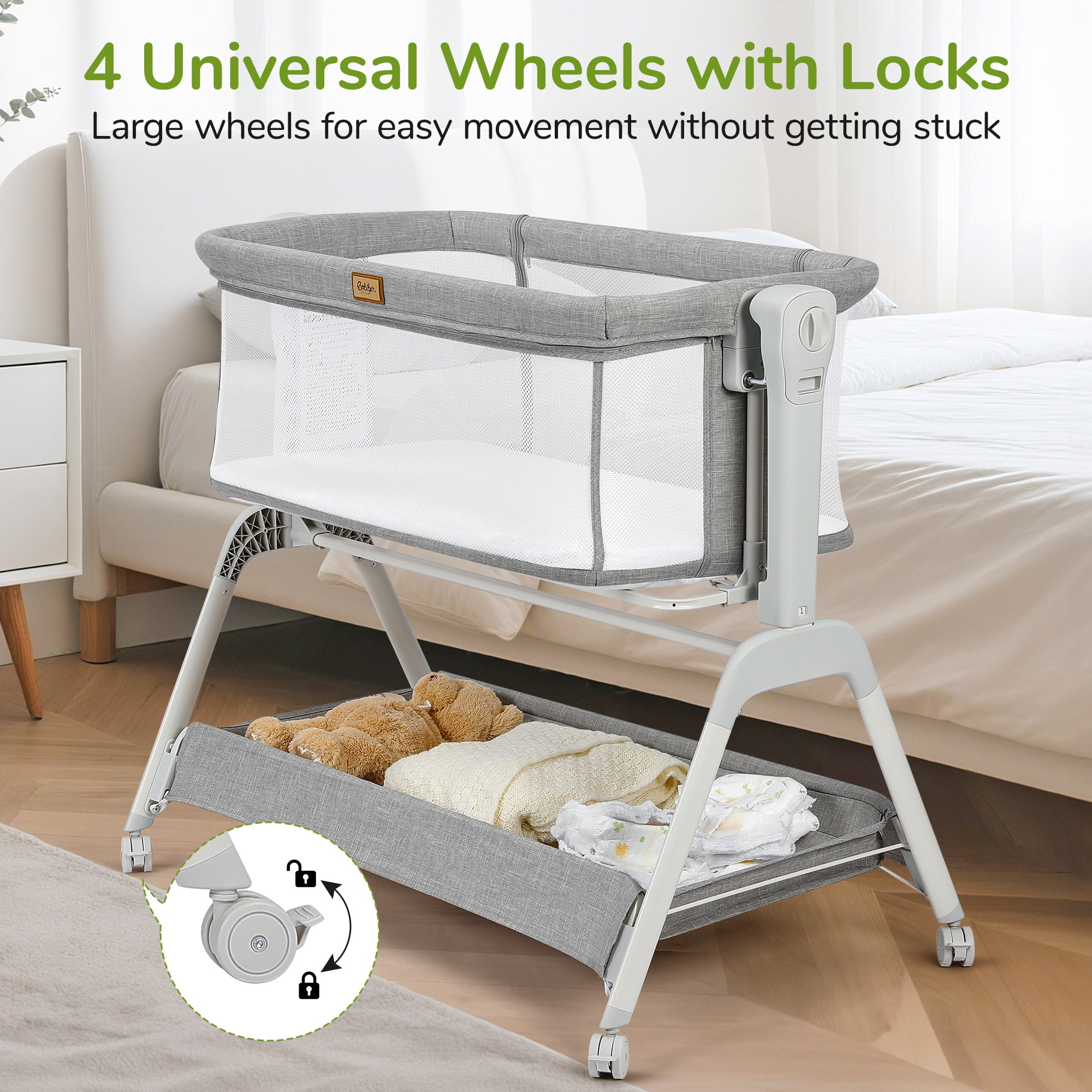 Baby Bassinet, Bobiber 3-in-1 Baby Bassinet Bedside Sleeper with Rocking and Adjustable Height, Storage Basket, Wheels, for 0-24 Months, Grey