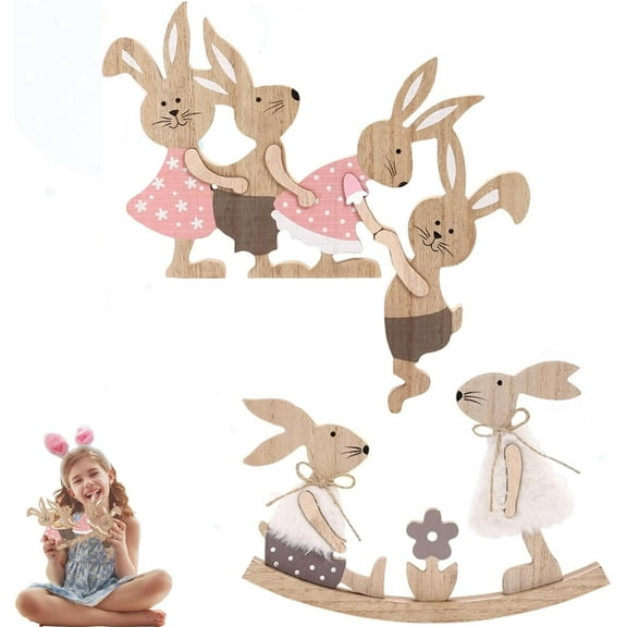 Hand-in-Hand Wooden Bunny Ornament, Tabletop Bunny Teeter Totter Decor, Rabbit Decor Gift for Home, Office, Easter Decorations