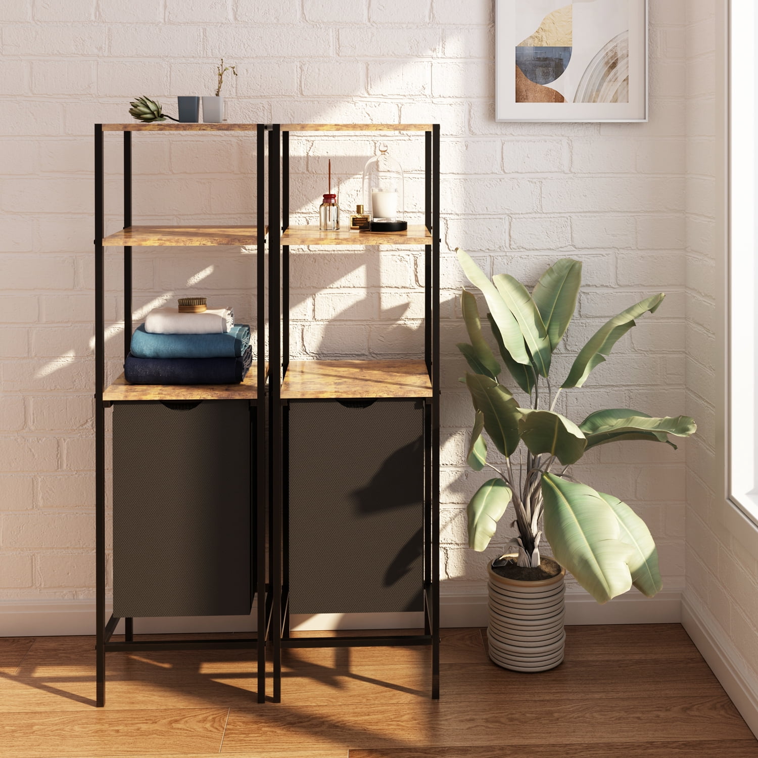LENLN Laundry Sorter Hamper with 3-Tier Wooden Storage Rack - Pull-Out Removable Bag, Laundry Organizer for Bedroom, Bathroom, Laundry Room