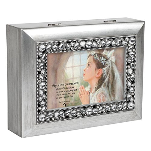Cottage Garden My First Communion Girl Brushed Silver Jeweled Inlay Jewelry Music Box Plays You Light Up My Life