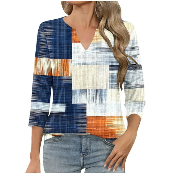 T-Shirts for Women 3/4 Sleeve V-Neck Floral Printed Casual Dressy Tunic Tops Laides T-Shirts