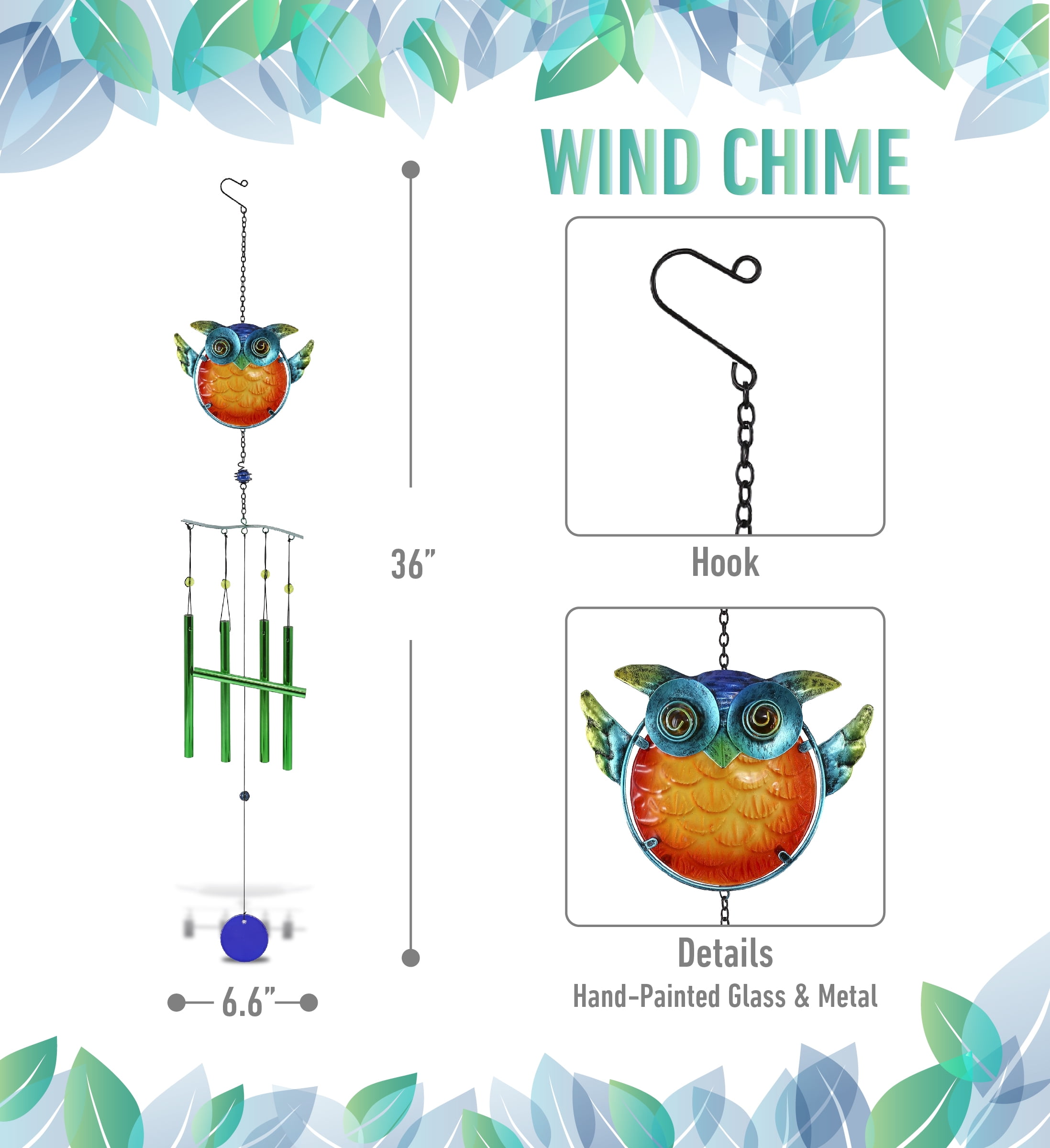 CoTa Global Owl Wind Chime - Handmade Glass and Metal Chime - Bird Wild Life Hanging Decor - Colorful Home Decor Gift, Indoor and Outdoor Hanging Decoration For Porch, Patio, and Garden - 36 Inches