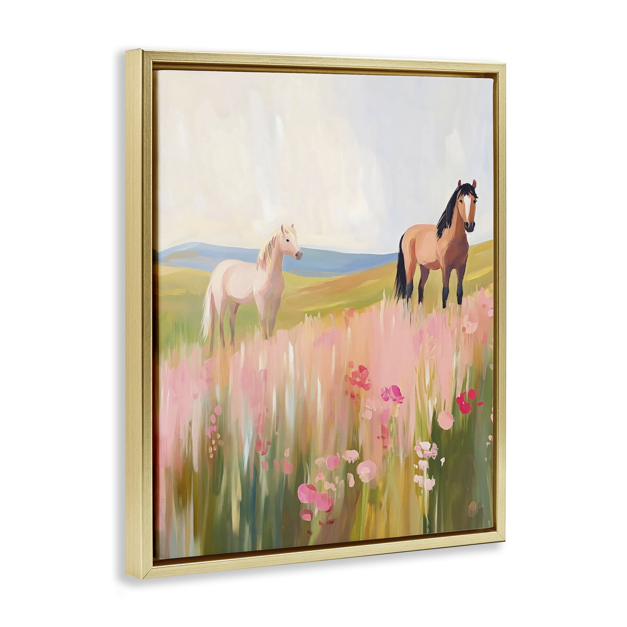 Stupell Industries Wild Horses in Pink Meadow Gold Framed Floater Canvas Wall Art, design by The Prints Vibe