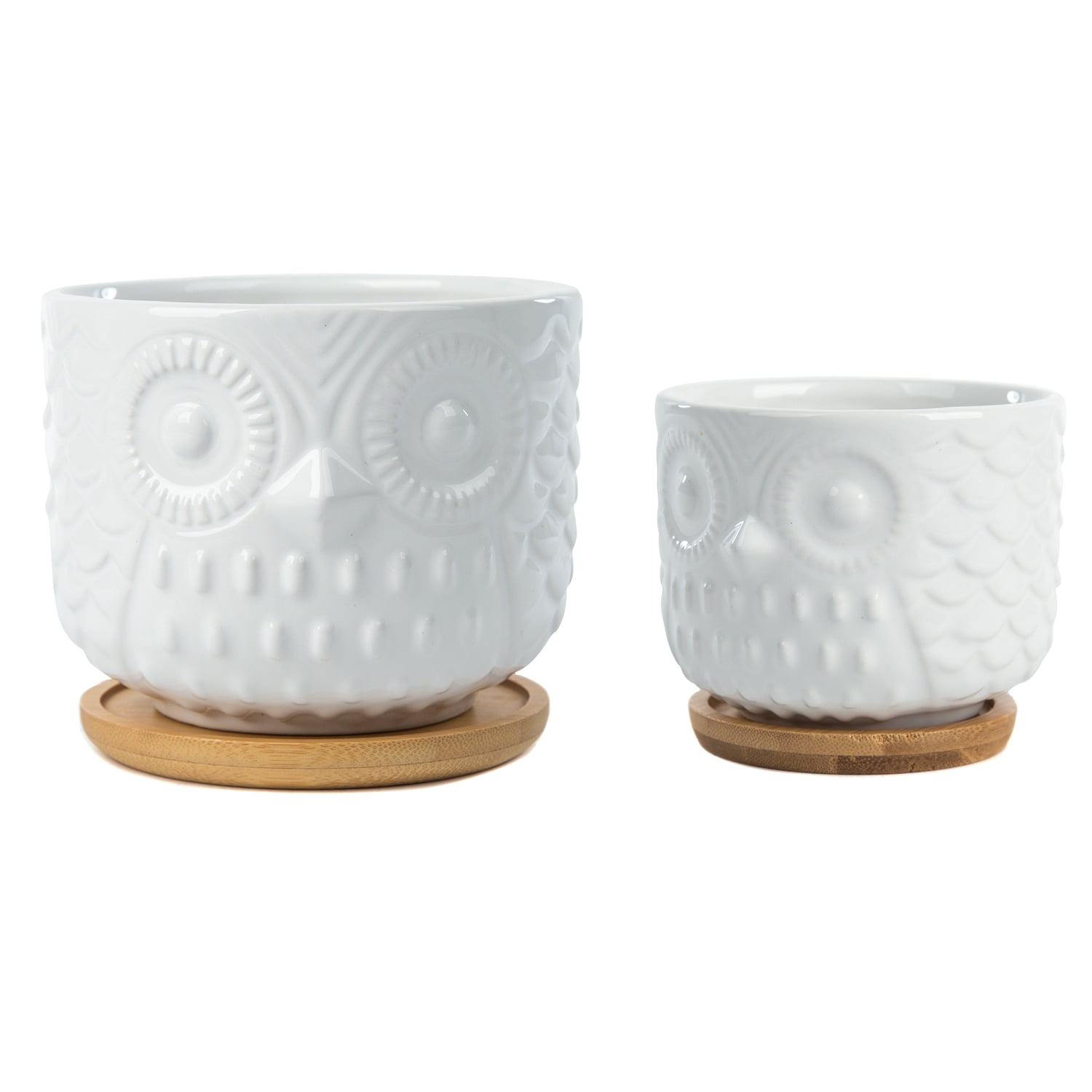 K-Cliffs Owl Succulent Planter, Animal  Pots with Drainage Hole and Bamboo Saucer, Set of 2, Color; White