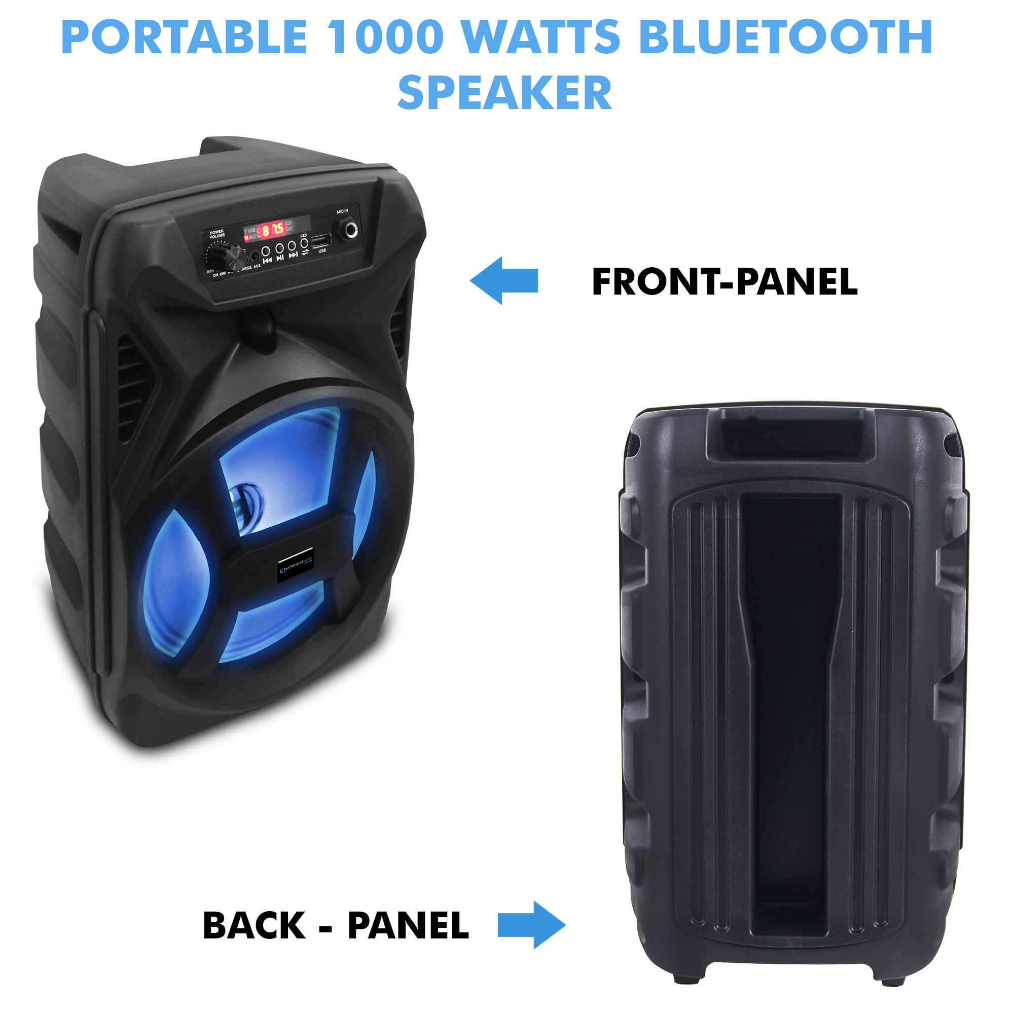 Technical Pro 8" Portable 500 Watts Bluetooth Speaker w/ Woofer and Tweeter, Festival PA LED Speaker, USB Card Input, - image 2 of 7