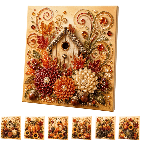 Autumn Pearl Painting Kit, Relaxing Handmade 3D Pearl Art Kit, 6 Autumn Harvest Scenes with Sunflower Maple Berry Floral, 7.87 Inch Canvas for Indoor Farmhouse Wall Decor 1pc B