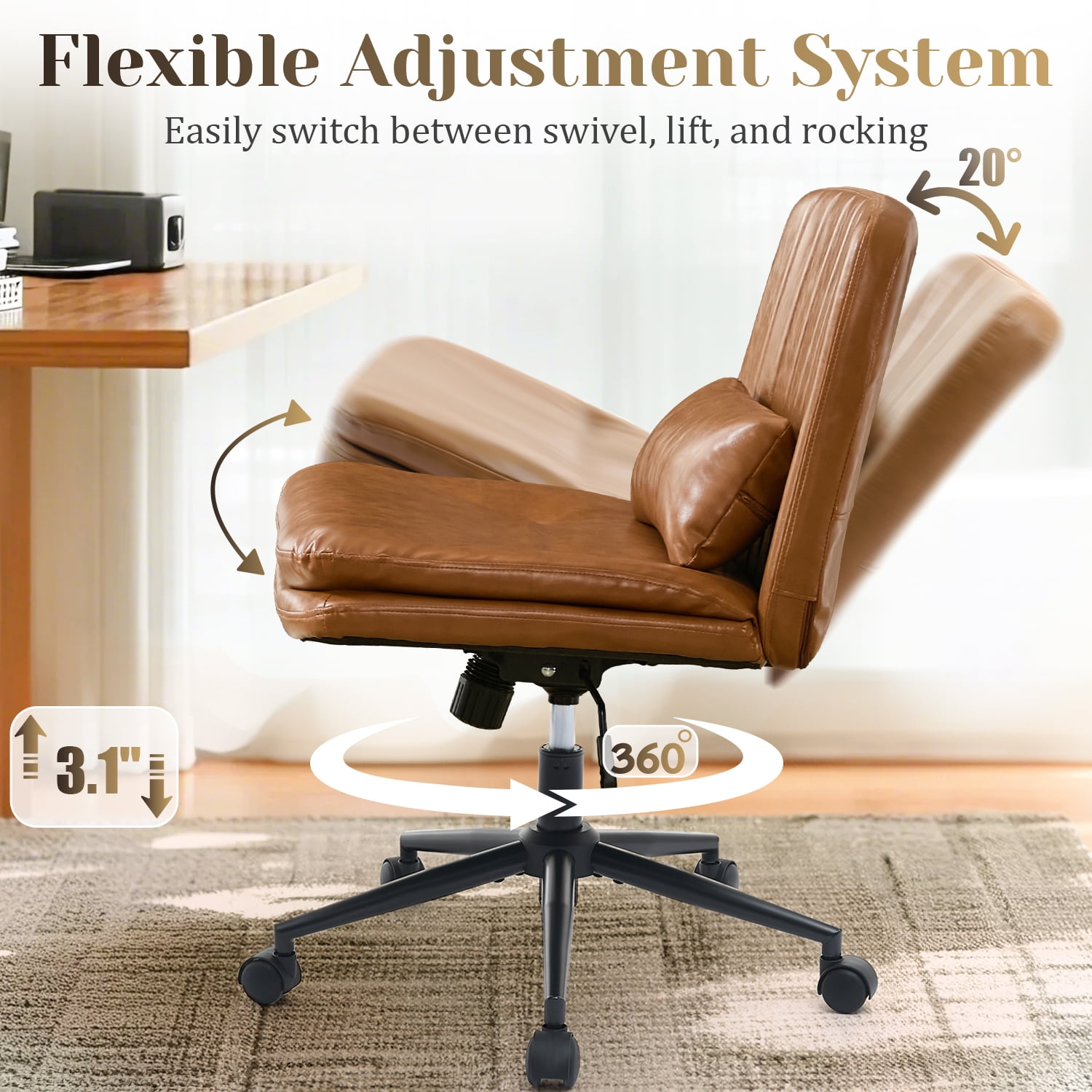 IPKIG Armless Criss Cross Office Chair, Brown PU Leather Adjustable Swivel Desk Chair with Lumbar Support Pillow for Home Office, Living Room, Vanity