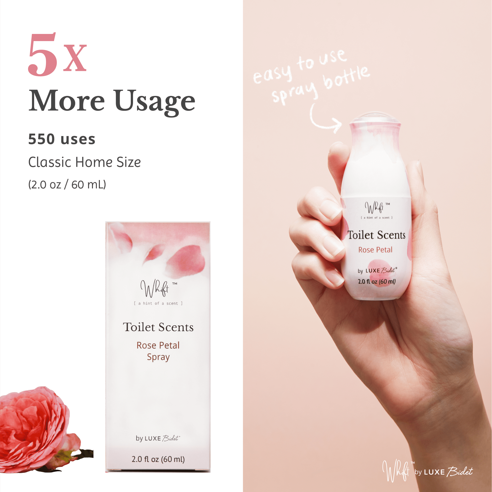 LUXE Bidet Whift Toilet Scents Spray, Rose Petal, Classic Home Size, 2 Ounce / 60 Milliliter